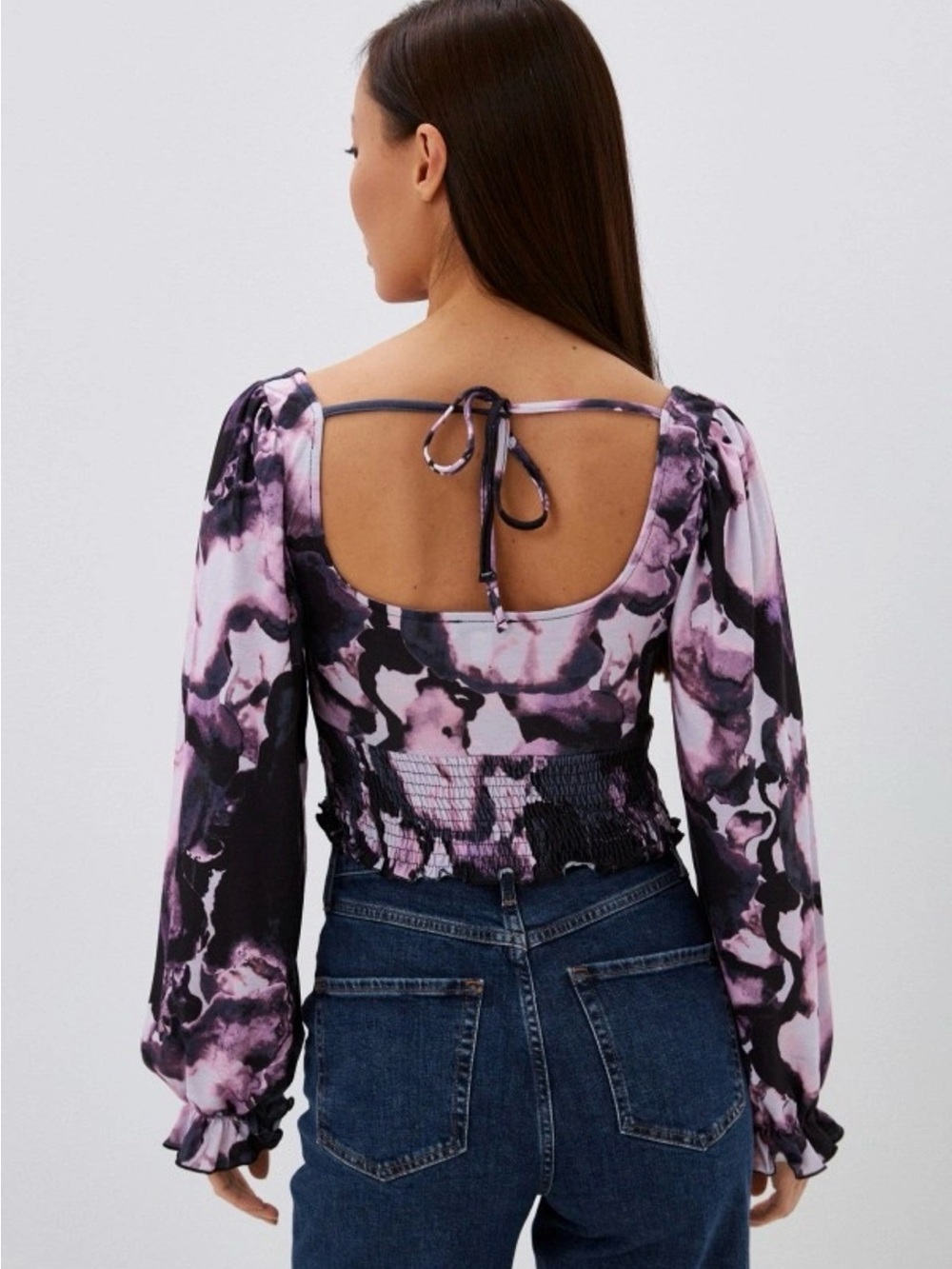 Topshop Purple Floral Smocked Crop Top - Picture 2 of 5